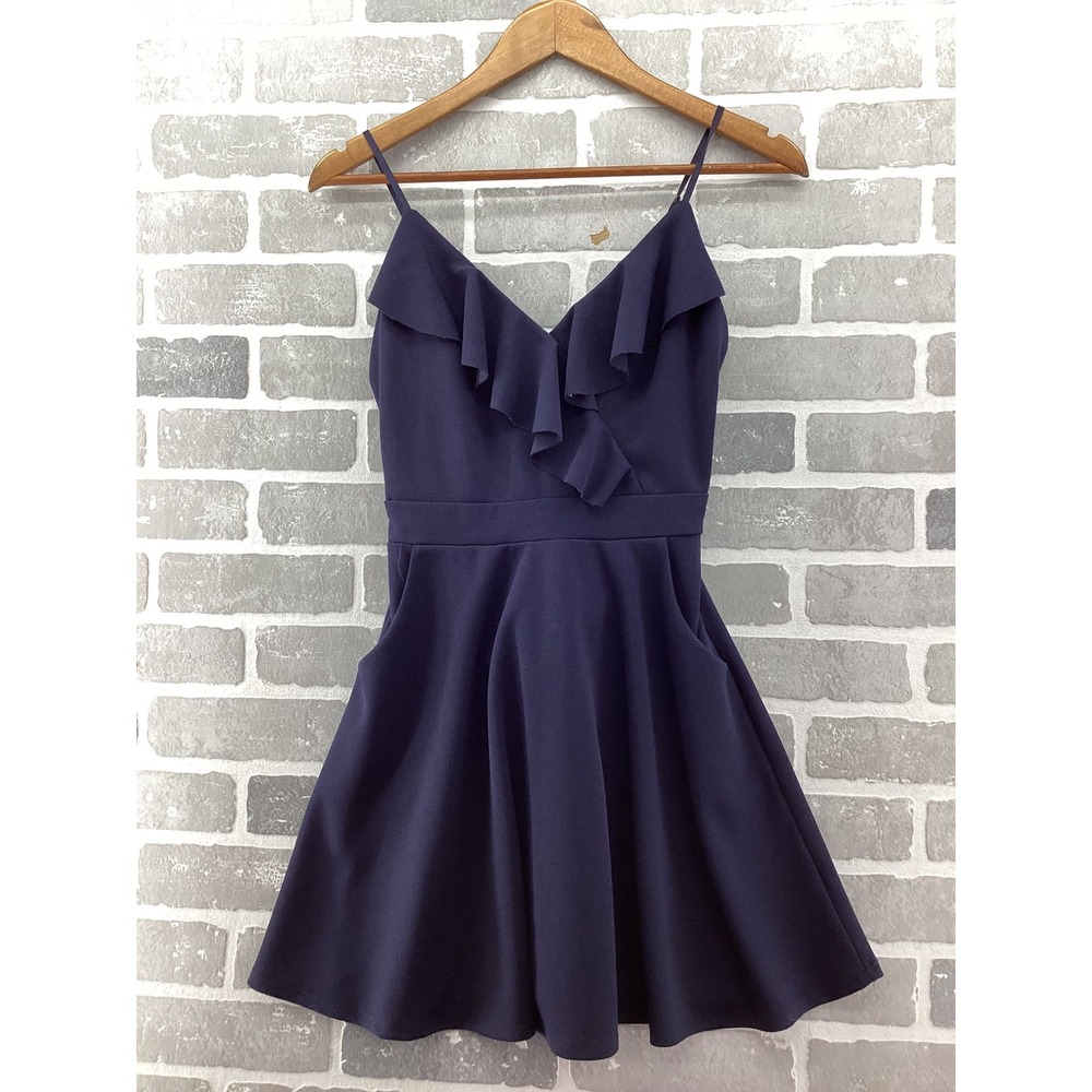 Emerald Sundae Womens Navy Blue Ruffle V-Neck Fit Flare Dress Small Pockets